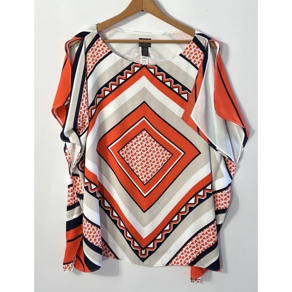 CHICO'S Travelers Scarf-Printed Top‎ Abstract Split Sleeve Sz Large XL